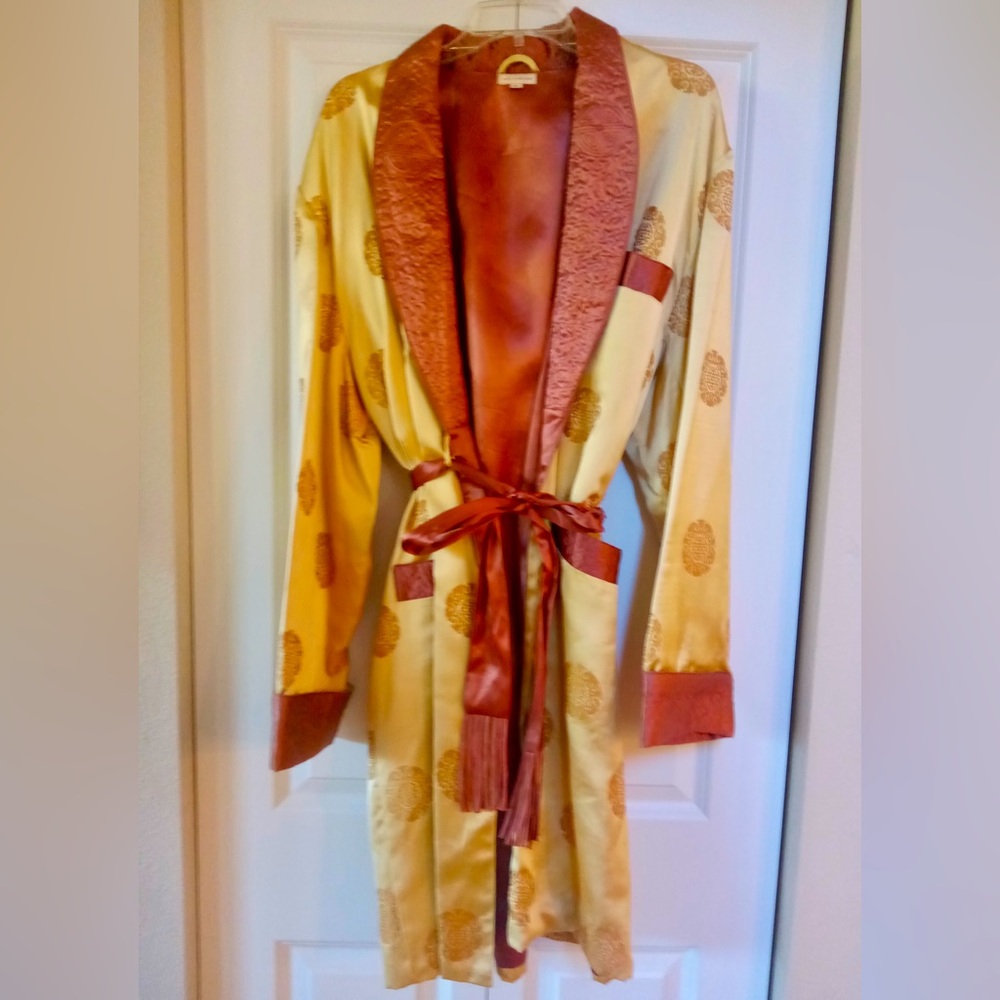 Men's Gold Satin Robe with Rust-Trim Shawl Collar